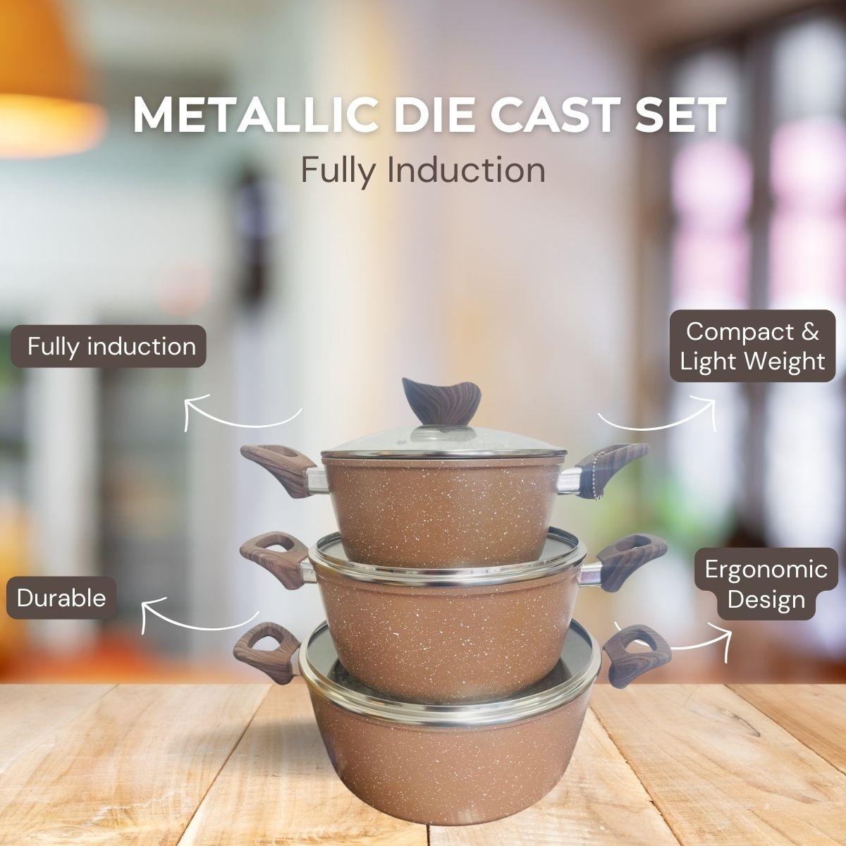 3PCS SET MARBLE METALLIC DIE CAST SET INDUCTION (20-24-28CM) COFFEE